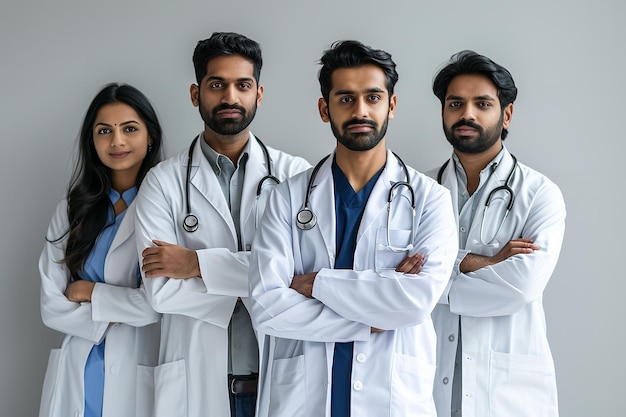 数人のインドの医師が手を組んでカメラに向かって配置されている ジェネレーティブ AI