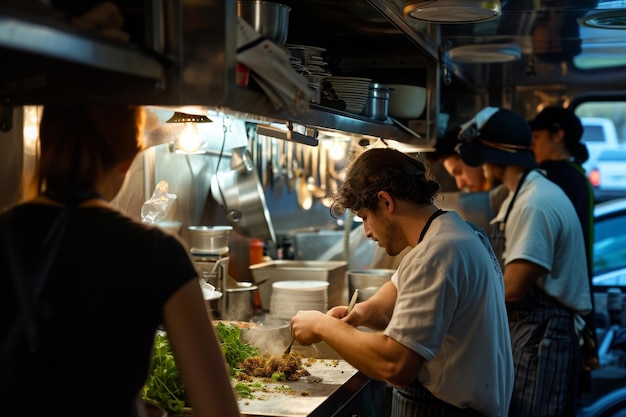 Several individuals are gathered in a kitchen working together to prepare a variety of dishes Detailed image of a busy food truck kitchen AI Generated