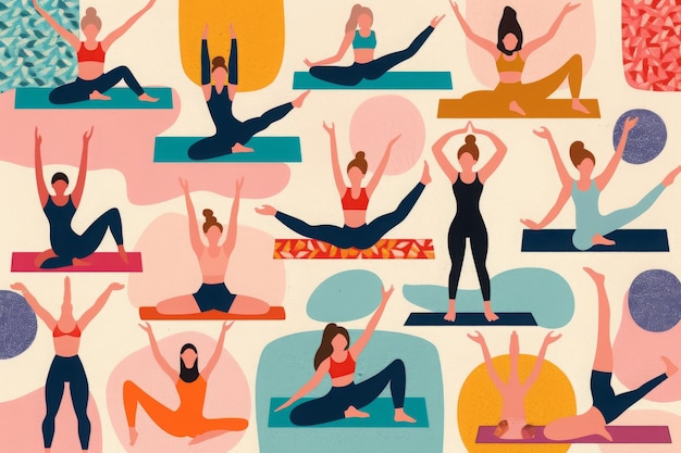 Photo several individuals demonstrating various yoga poses showcasing their flexibility and balance colorful illustration of various yoga poses ai generated