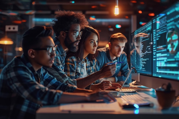 Several individuals gathered together looking at a computer screen engaged in a collective activity A group of software developers brainstorming in a hightech workspace AI Generated