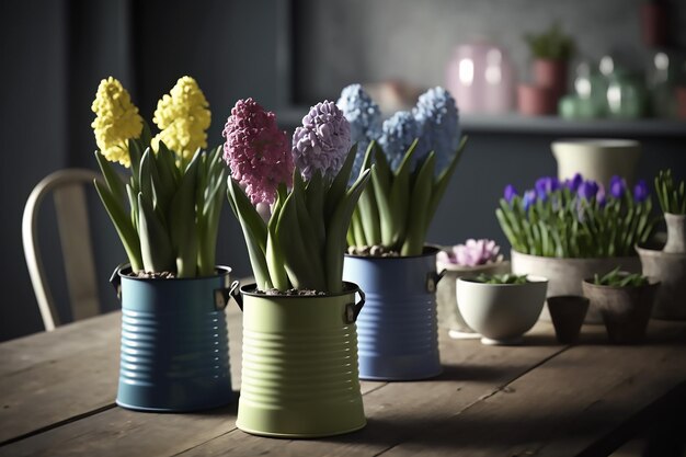 Several iron multicolored pots with a variety of flowering hyacinths stand on the table on kitchen