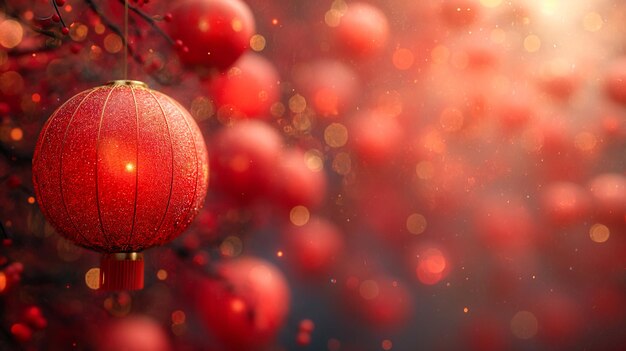 Several lanterns hanging from a cherry blossom tree with red flowers Background image for Chinese New Year celebrations Generative ai