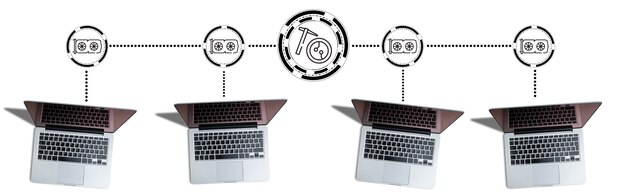 Photo several laptops are connected to one farm for mining cryptocurrency.