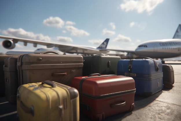 Several large multicolored suitcases were lying in the open air at the airport