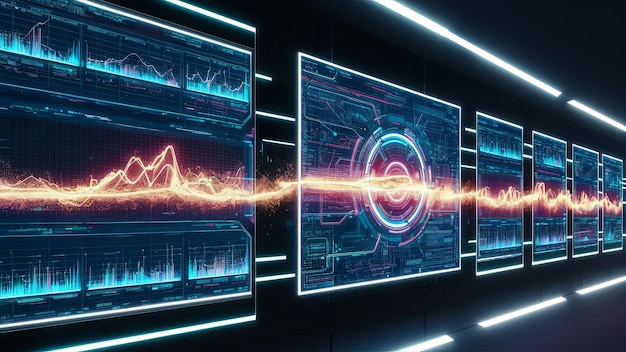 Photo several large screens large monitors with data are interconnected by an electric wave a luminous stream flow of information links the displays futuristic technology motif ai illustration