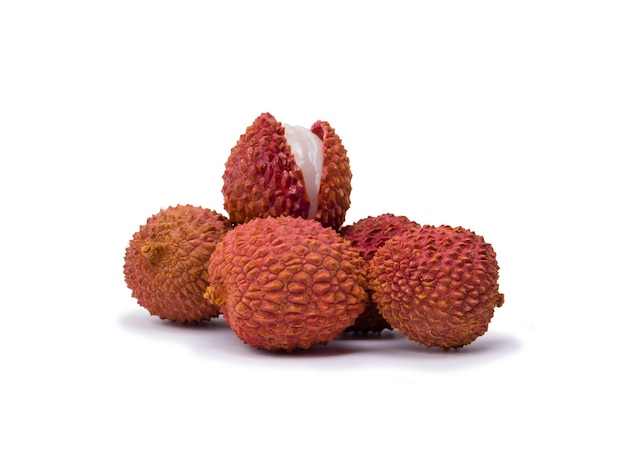 Several lychee fruits isolated on white background