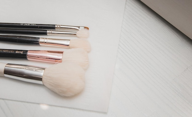 Several makeup brushes on a light pink background aesthetics of makeup artist makeup holiday birthday beauty salon content shooting for makeup artist