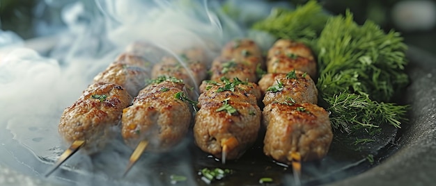 a several meat skewers on a grill with a lot of smoke