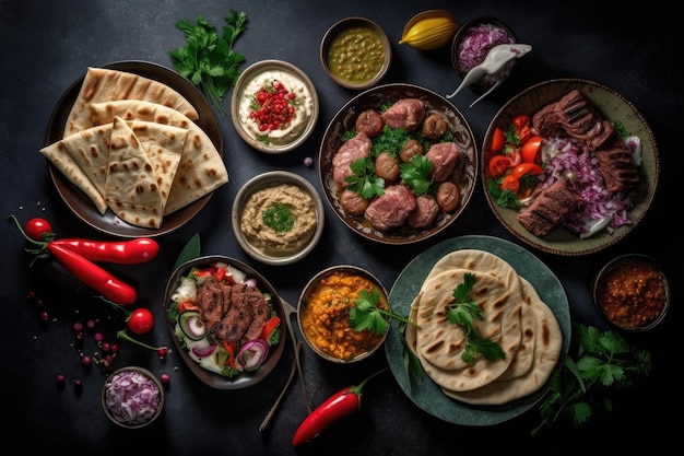 Several meze and Middle Eastern or Arabic dishes may be viewed against a dark background Falafel bab...