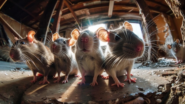 Several mice are standing side by side clustered closely together in a group