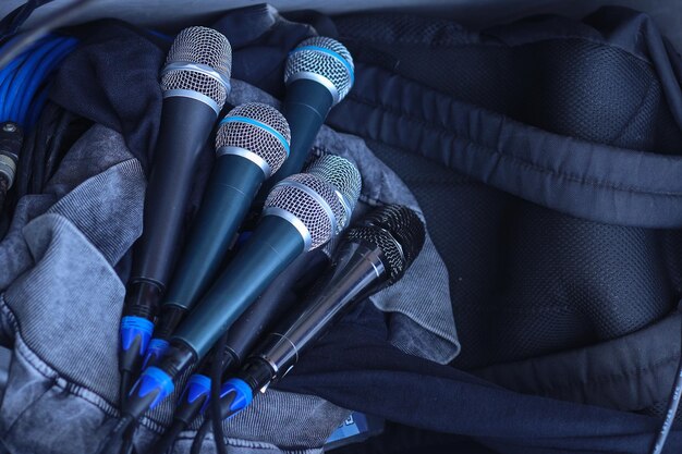 Photo several microphones with a wire