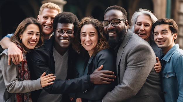 Photo several middleaged men and women hug supporting each other during psychological practice