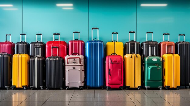 Несколько многоцветных чемоданов стоят в комнате ожидания терминала аэропорта