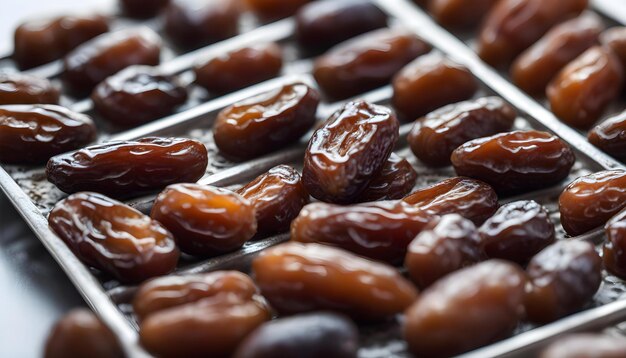 Several natural dried dates on a metal tray closeup