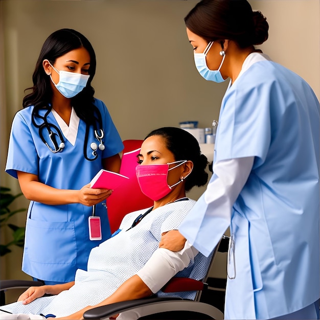 Several nurses working in a consultation attending to patients who are sick