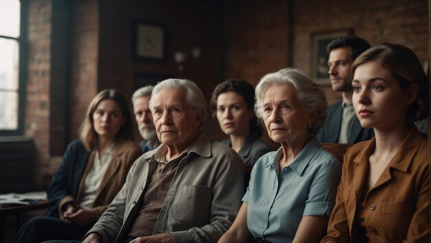 Photo several oldfashioned dressed people of various ages are sitting in a meeting in an office