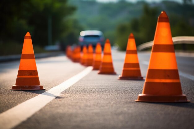 Several orange traffic cones on a road