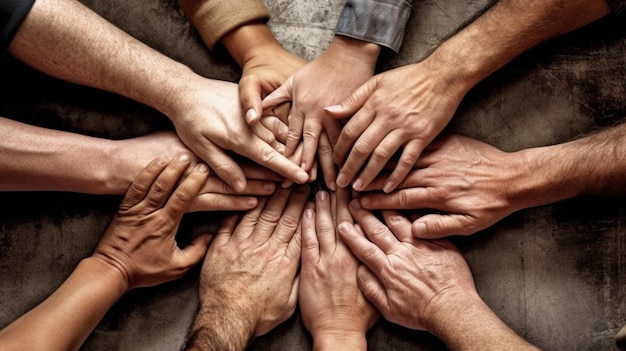 Several people are holding their hands together in a circle generative ai