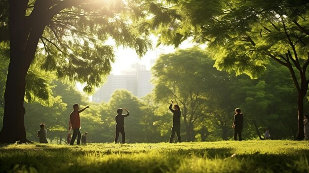 写真 いくつかの人々が木の木で公園でフリスビーをプレイしています