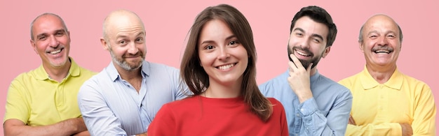 Several people of different age looking at camera and smiling Collage of work team