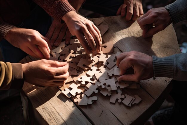 Photo several people putting pieces together a puzzle