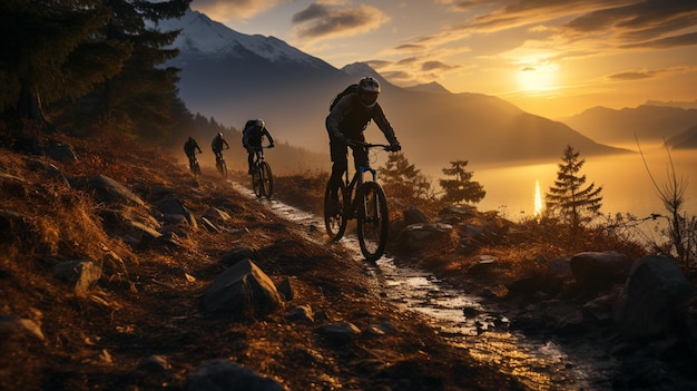 Several people riding bikes on a trail near a body of water generative ai
