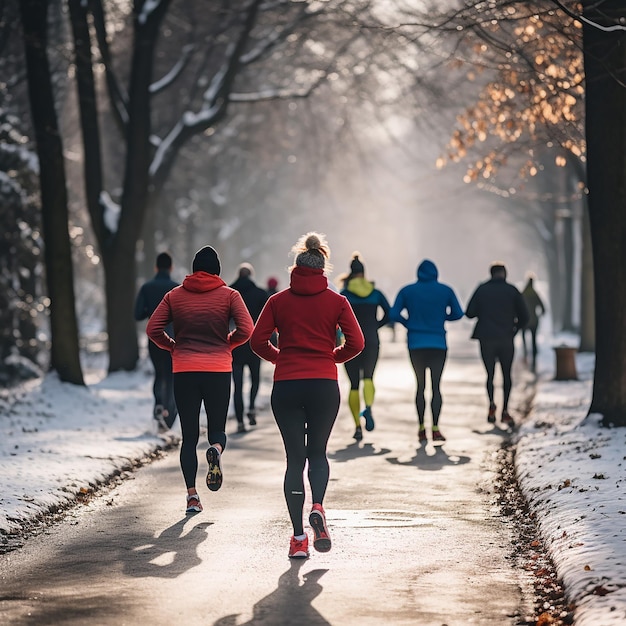 Photo several people running along a path in a winter park