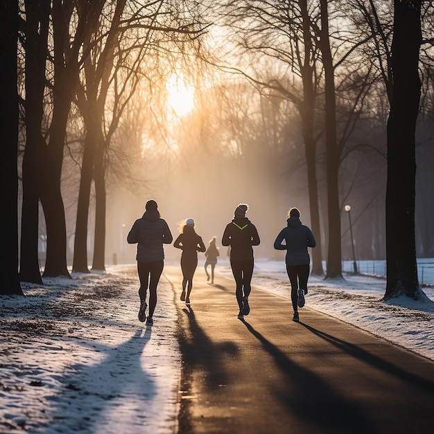 Photo several people running along a path in a winter park