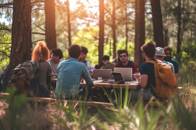 Several people sitting around a table with laptops in the woods