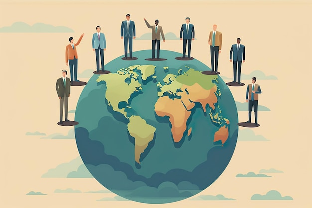 写真 丸い地球地図の上に立っている数人の世界人口化の日ポスター バナー ベクトルのロゴ