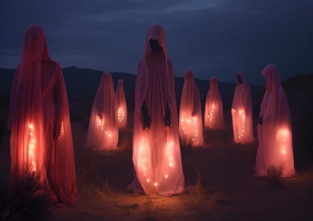 Photo several people in white cloths are standing in a field with candles generative ai