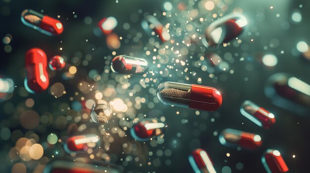 Several pill capsules containing antibiotics dropping Background of 3D illustrations for healthcare and medicine Generative AI