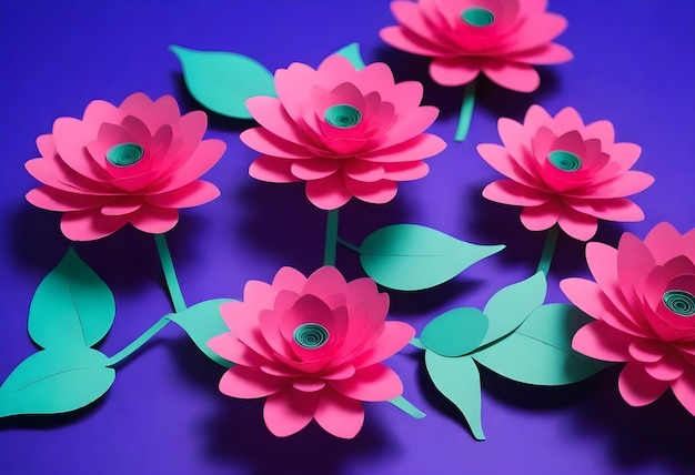 Several pink paper flowers with green leaves on a blue background