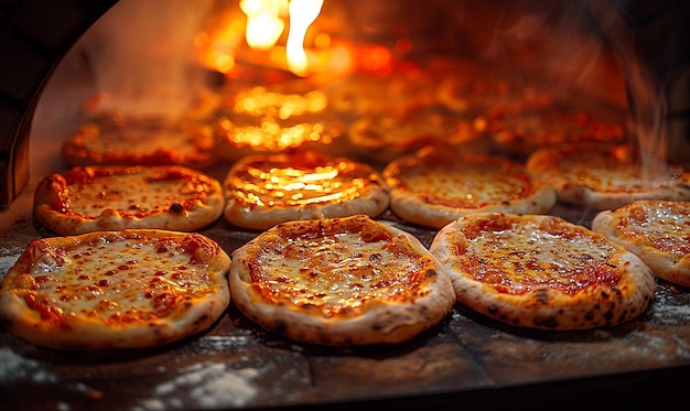 여러 개의 피자는 큰 오븐에서 치즈라는 단어와 함께 조리되고 있습니다.