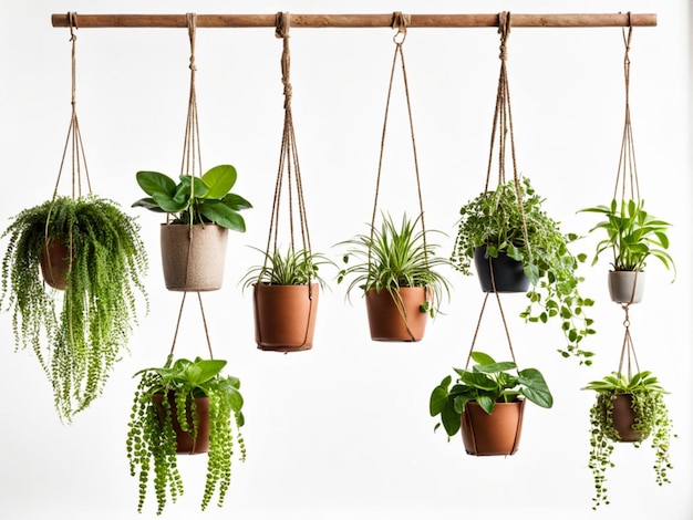 several plants hanging from a wooden beam with hanging plants