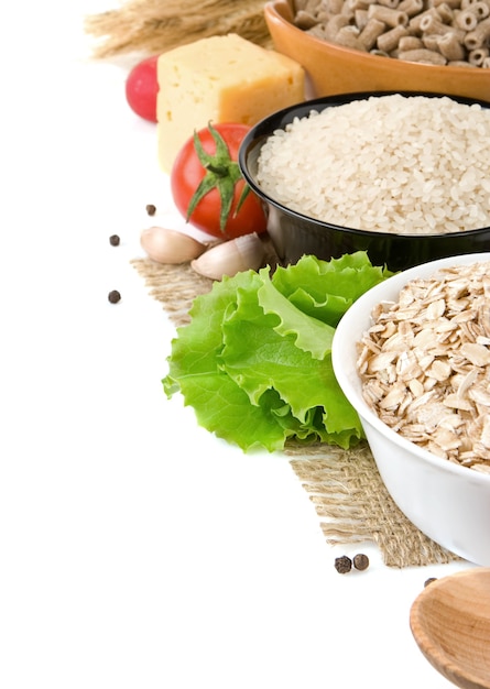 Several plate of cereals seed on sackcloth isolated 