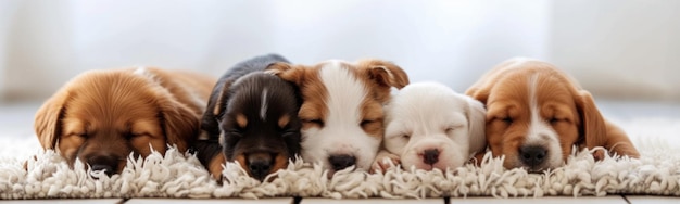 Several puppies are laying on a rug on a floor