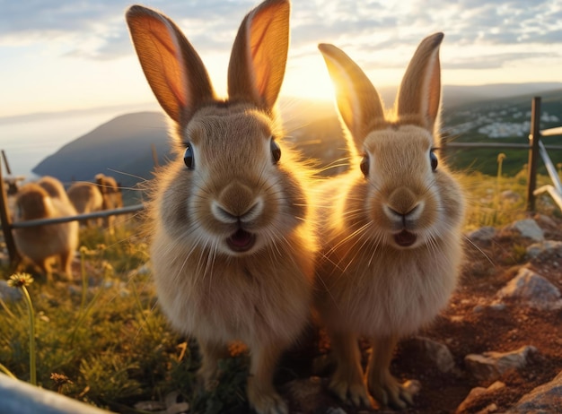 Several rabbits take a group selfie