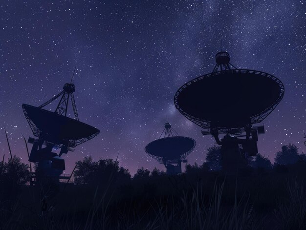 Several radio telescopes against the backdrop of the starry sky AI generative