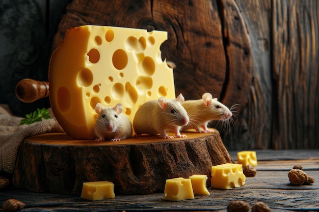 Several rats eat pieces of cheese