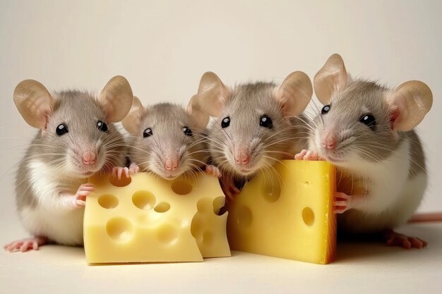 Photo several rats eat pieces of cheese