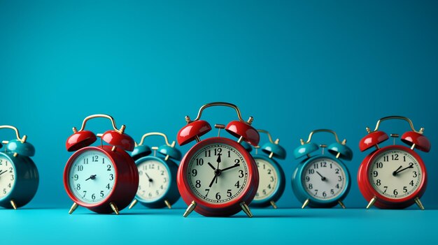 Several red and blue alarm clocks are lined up in a row generative ai