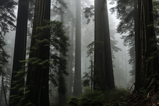 Several Redwood Trees with Thick Fog Generative By Ai