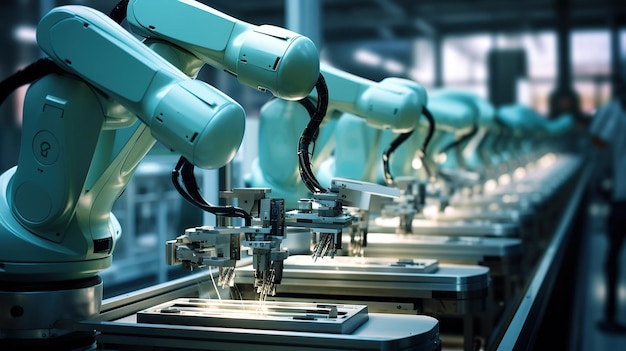 Несколько роботов работают на конвейере по сборке компьютеров