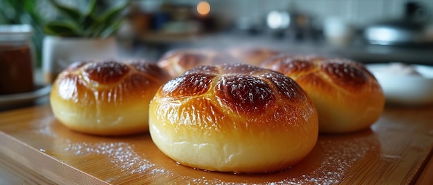 several rolls of bread are sitting on a wooden cutting board