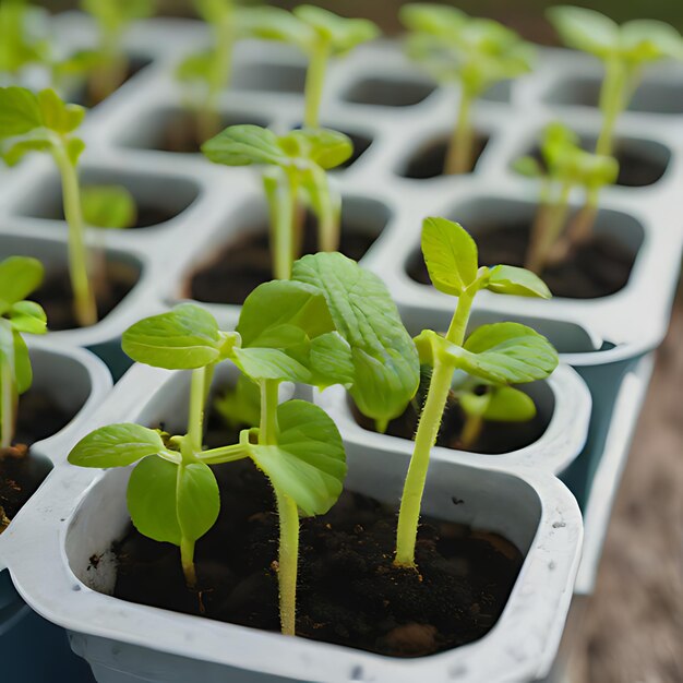 several seedlings of green plants are in a white plastic container