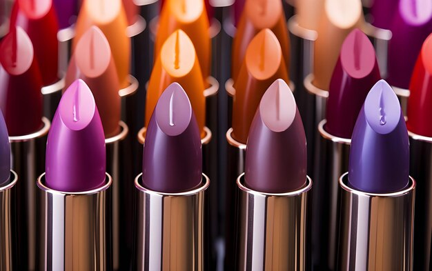 상점 에 전시 되어 있는 보라색 립스틱 의 여러 가지 색조