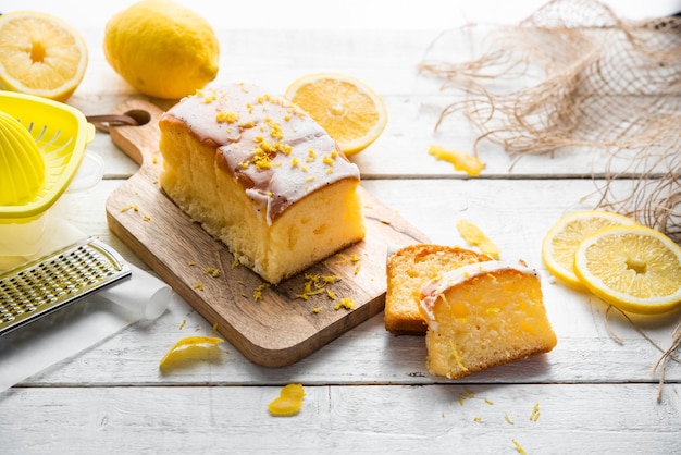 Several slices of lemon cake lemon sponge cake homemade with sugar flour honey yeast and lemons