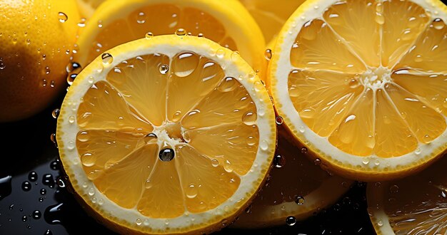 several slices of lemons with water droplets on yellow