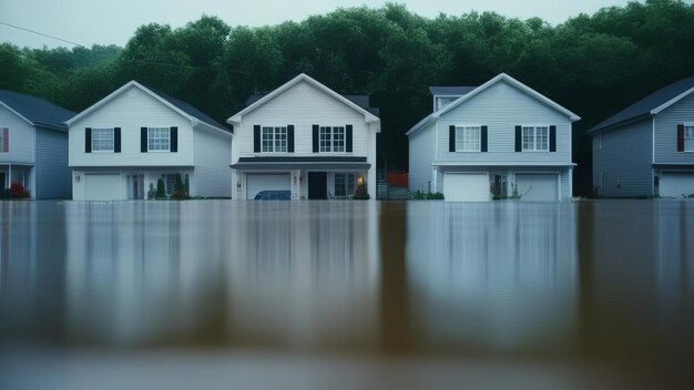 Photo several small wooden houses stand in the water at dusk a flooded street